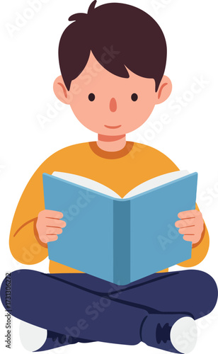 A young boy sits cross-legged, absorbed in reading a blue book.