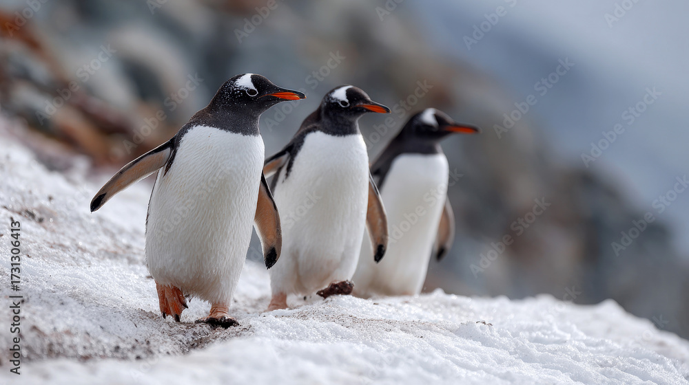 Naklejka premium Emperor Penguins walk on snow ice in Antarctica.