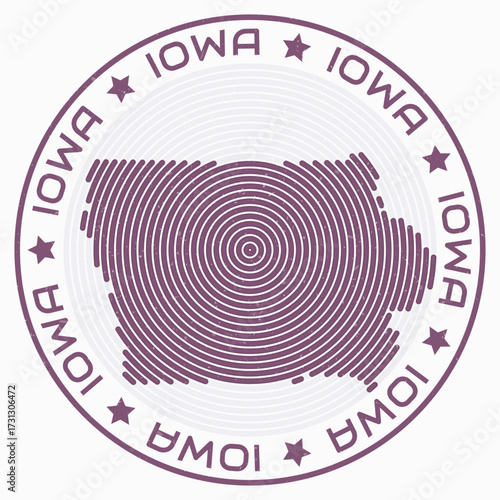 Iowa map with round title. State shape rings. Iowa text around the state boundary shape. Artistic vector illustration.