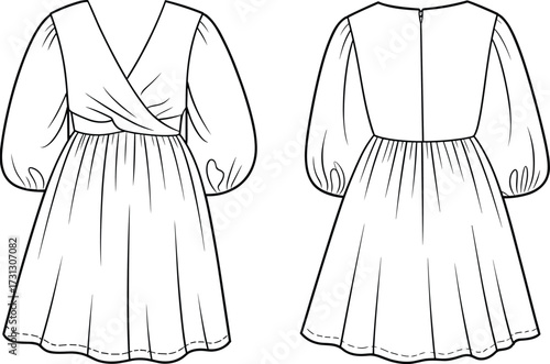 Fashion flat sketch, women wrap dress, puff sleeve design, V neck bodice, flared skirt silhouette, garment technical drawing, apparel template, CAD vector illustration