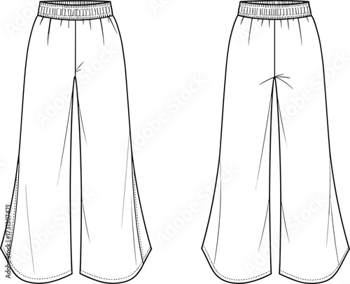 Wide leg pants fashion illustration, technical drawing garment design, elastic waistband trousers sketch, flared hem clothing template, back yoke detail, apparel construction flat