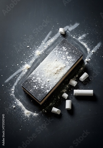 Dusty chalkboard with eraser and chalk pieces creating educational still life