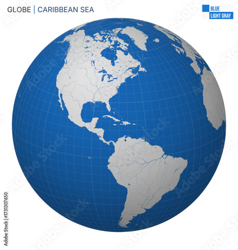 Vector Globe centered to Caribbean Sea. Blue Light Gray palette. World map with meridians, parallels, countries, rivers and lakes. Trending vector illustration.