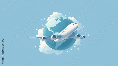 Airplane flying around planet earth with cloud illustrations on blue background
