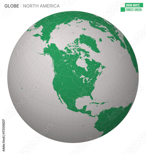 Vector Globe centered to North America. Snow White Forest Green palette. World map with meridians, parallels, countries, rivers and lakes. Elegant vector illustration.