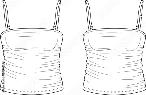 Fashion flat sketch, women camisole top, ruched side design, spaghetti strap blouse, adjustable buckle detail, garment technical drawing, apparel template, CAD vector illustration
