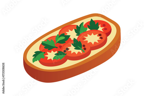 Delicious Bruschetta with Fresh Tomatoes and Parsley Illustration Design On White Background