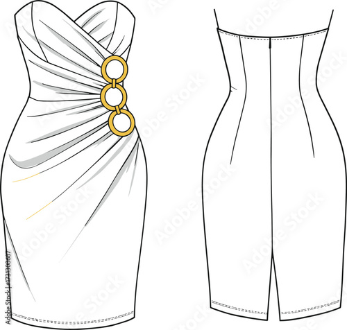 Fashion technical illustration, strapless women’s dress design, sweetheart neckline, ruched waist detail, ornamental buttons, fitted silhouette, knee length, back slit, garment construction drawing
