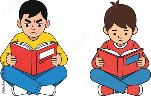 Two young boys, a big brother and a little brother, look annoyed while deeply engrossed in their challenging study books
