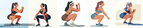 Women Doing Squat Exercise Fitness Training Vector Illustration