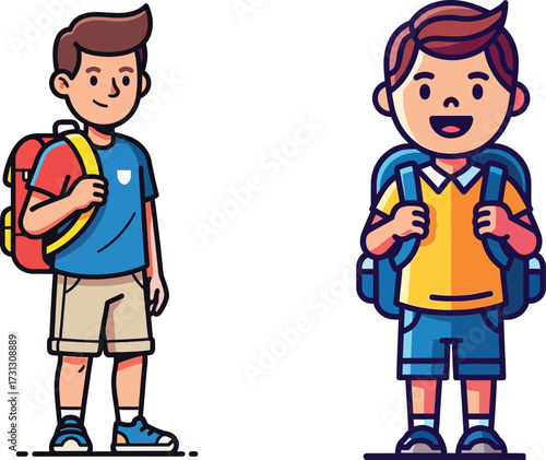 Two happy boys with their backpacks symbolizing the exciting start of their educational path and knowledge pursuit