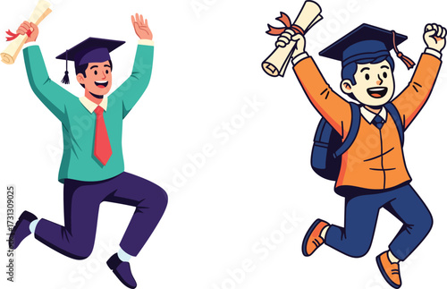 Joyful graduates in caps jumping for joy after earning their degrees