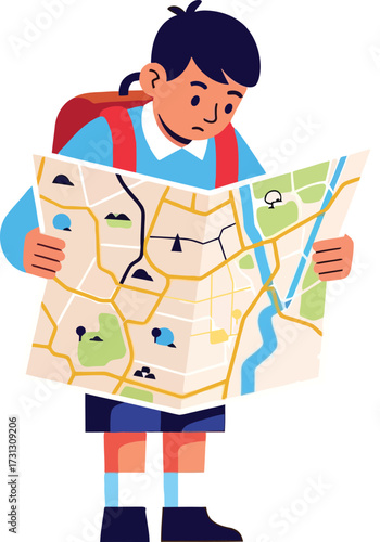 A young boy with a red backpack intently studies a large, unfolded map, appearing lost or trying to navigate.