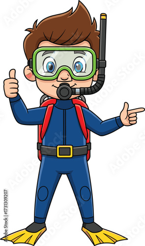 Happy young scuba diver cartoon character in full diving gear, underwater adventure, ocean exploration concept, snorkeling boy illustration, isolated vector.
