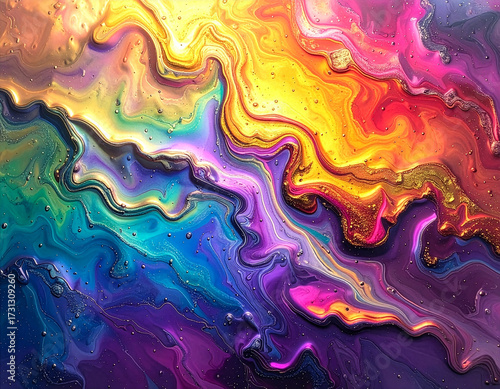 Abstract rainbow oil slick texture, iridescent liquid surface effect, high resolution photography style
