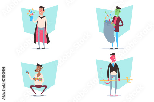Collection of four Halloween themed characters, each showcasing unique costumes and activities. One holding bucket of candies while other collecting candies