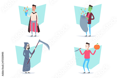 Collection of four playful Halloween characters engaging in festive activities. Vampire holding candy, monster collecting treats, grim reaper wielding scythe, and man carrying pumpkin, celebrating sea