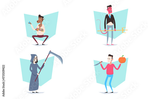 Fun Halloween set with four unique characters. One holding candies, another carrying trident, while grim reaper holding scythe, and person carrying pumpkin