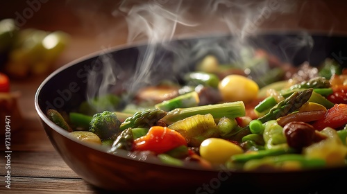 Sizzling vegetables in a pan with vibrant colors and rising steam, rustic background.