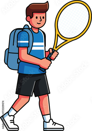 Boy with backpack and tennis racket, ready for sport and activity