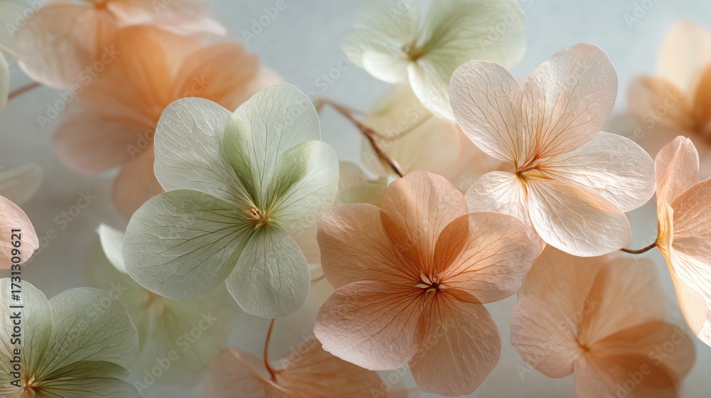 Obraz premium Delicate arrangement of pastel peach and pale green flowers indoor setting close-up photography serene atmosphere