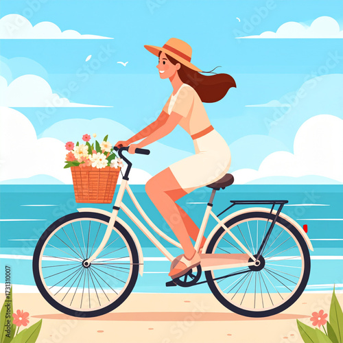 Elegant Woman Cycling on Beach with Flower Basket: Romantic Flat Illustration
