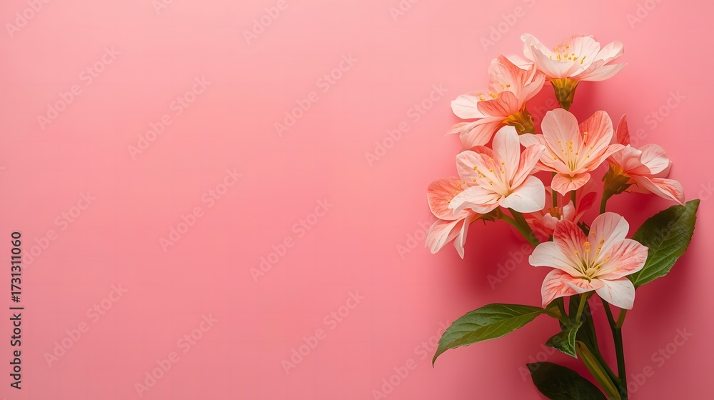 Naklejka premium A bouquet of nightshade flowers in white and coral on a bright pink background with a minimalist composition.