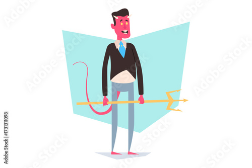 Playful devil character standing confidently, holding golden pitchfork. Perfect for Halloween festivities