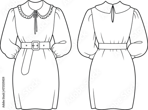 Fashion flat sketch, women dress design, Peter Pan collar, puff sleeve blouse, ruffle neckline, garment technical drawing, apparel template, CAD vector illustration