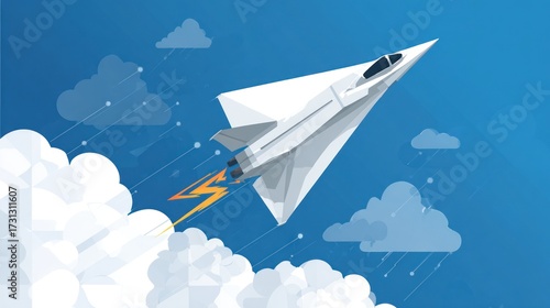 Paper airplane soaring in blue sky with clouds concept of innovation and progress