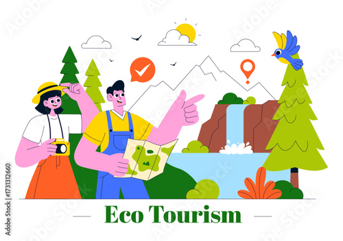 Eco Tourism Travel Destination Illustration Featuring Nature Tourism for Environmental Conservation, Local Culture, and Community Empowerment
