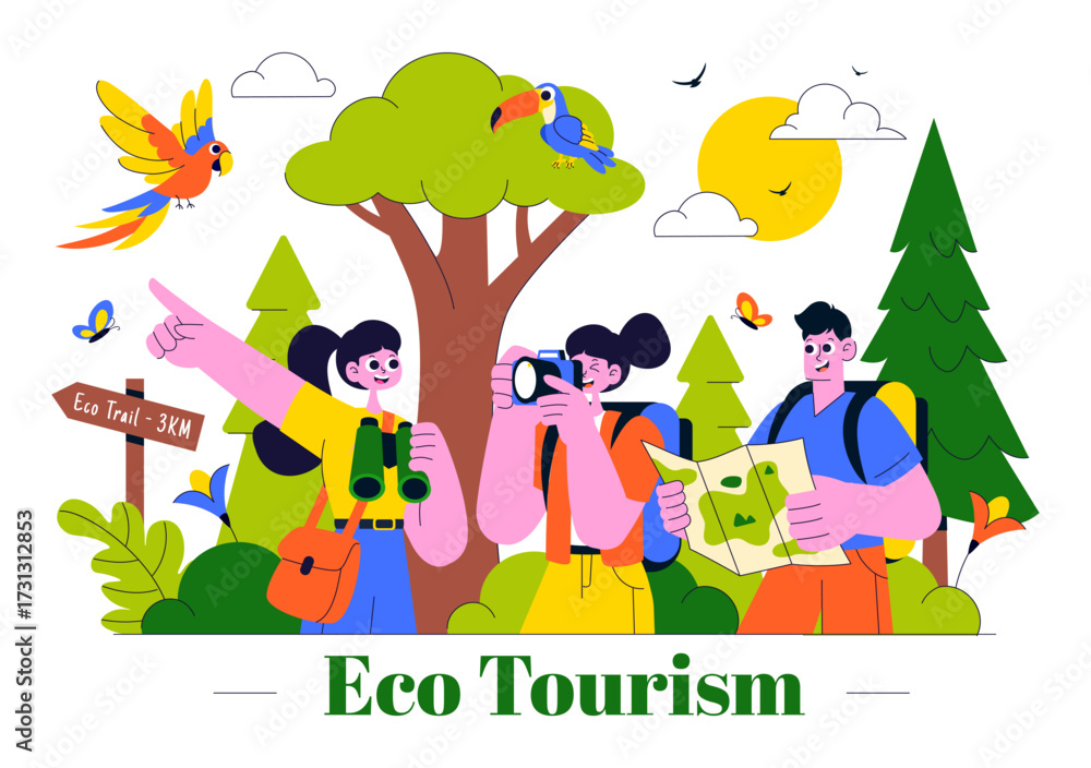 Naklejka premium Eco Tourism Travel Destination Illustration Featuring Nature Tourism for Environmental Conservation, Local Culture, and Community Empowerment