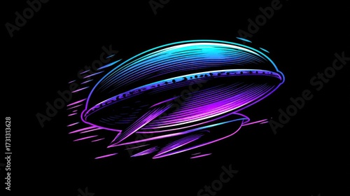 Futuristic airship illustration in neon colors against a black background