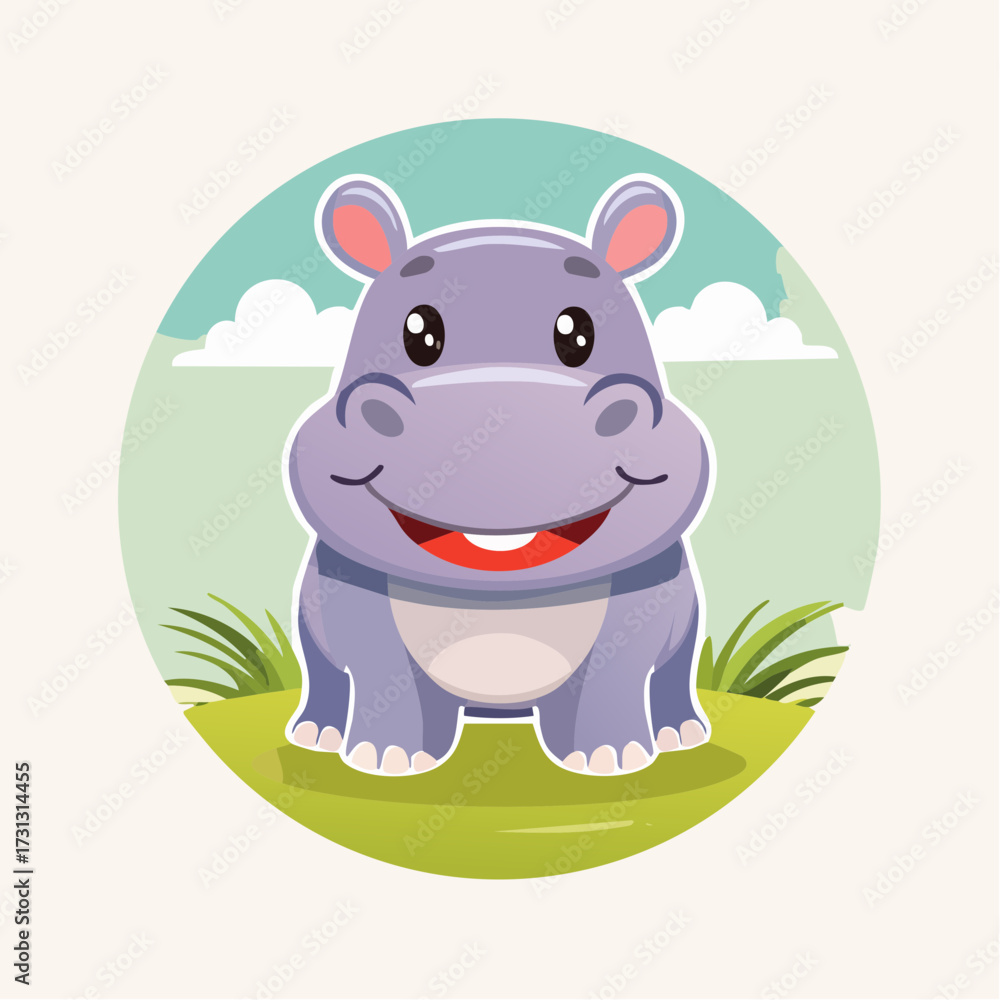 Fototapeta premium Cute Cartoon Hippo in a Circle Smiling and Playful in a Vector Illustration, Clipart for Nursery, Children Book, and Baby Products