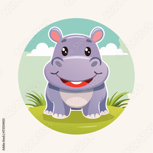 Cute Cartoon Hippo in a Circle Smiling and Playful in a Vector Illustration
