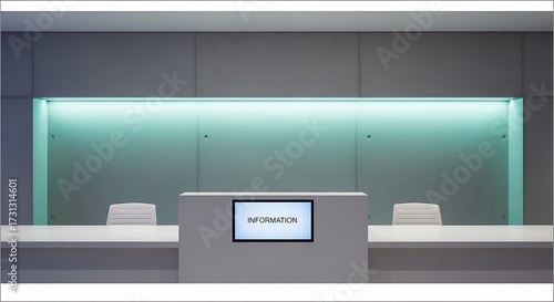 Modern reception area with an information desk, minimalist design, and green backlighting
