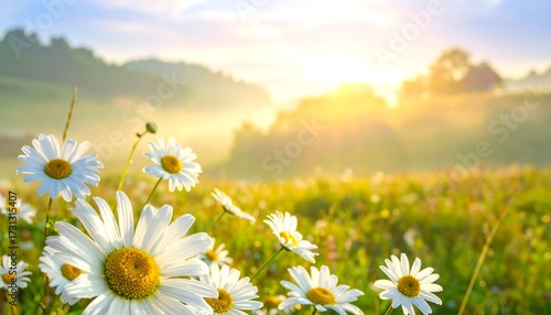 Sunlit daisies in a misty meadow at sunrise