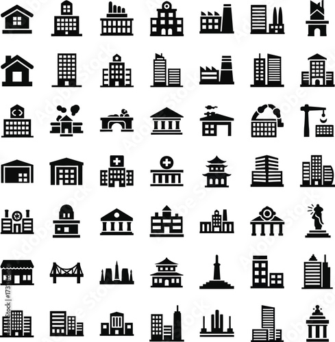 Collection of diverse building icons in silhouette
