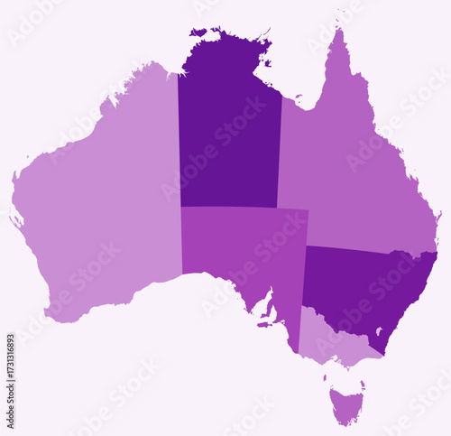 Map of Australia with regions. Just a simple country border map with region division. Purple color palette. Plain Australia shape with administrative division. Vector illustration.