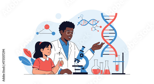 A science teacher explaining DNA structure and molecular biology to a young student in a laboratory setting.