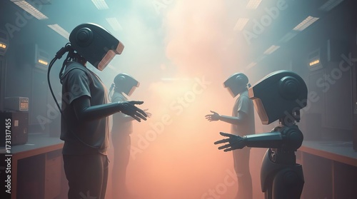 Robots shaking hands with futuristic meeting.