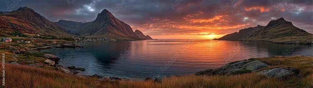 Fototapeta premium Dramatic sunset over tranquil bay coastal landscape hdr panoramic view