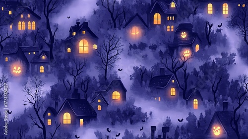 Wallpaper Mural Repeating seamless pattern of cozy haunted cottages with bat-shaped chimneys, glowing pumpkins with big eyes, eerie trees with twisted branches, and light fog overlays on a lavender background. Torontodigital.ca