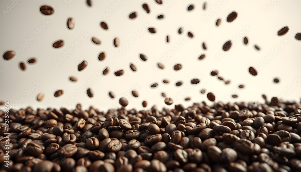 Obraz premium Roasted coffee beans falling on a soft light background, pile of coffee beans.