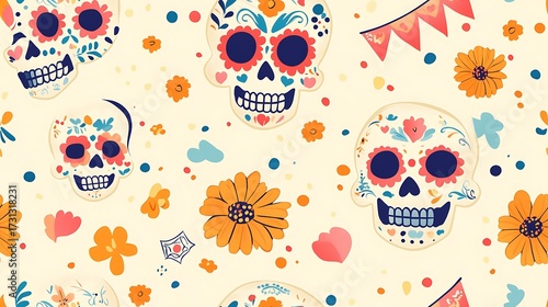 Wallpaper Mural Seamless pattern of Día de los Muertos sugar skulls with soft pastel decorations, cute smiles, marigold flowers, confetti dots, and papel picado banners, evenly arranged on a pale yellow backdrop. Torontodigital.ca