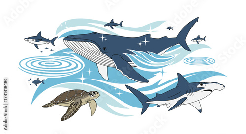 Majestic ocean creatures swimming through swirling blue waters and glistening waves.