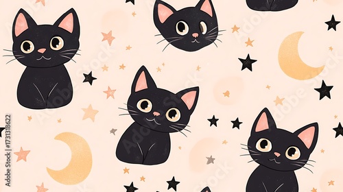 Wallpaper Mural A repeating pattern of chibi-style black cats with sparkly eyes, glowing full moons, scattered pastel stars, and intricate black lace details on a pale pink backdrop. Created Using: Procreate, Torontodigital.ca