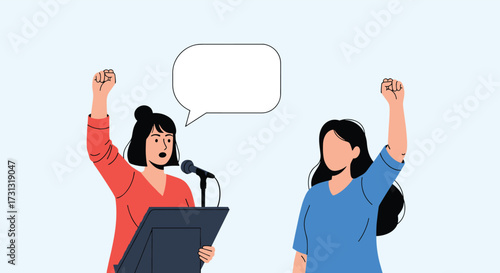 Two women stand at a podium with their fists raised in solidarity during a speech.