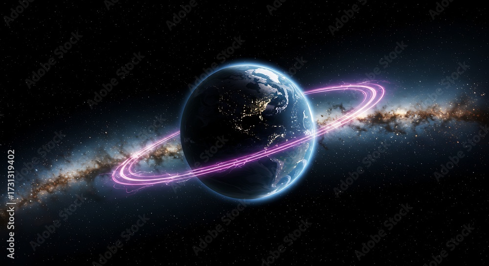 Obraz premium Digitally enhanced earth with ring and galaxy background in space