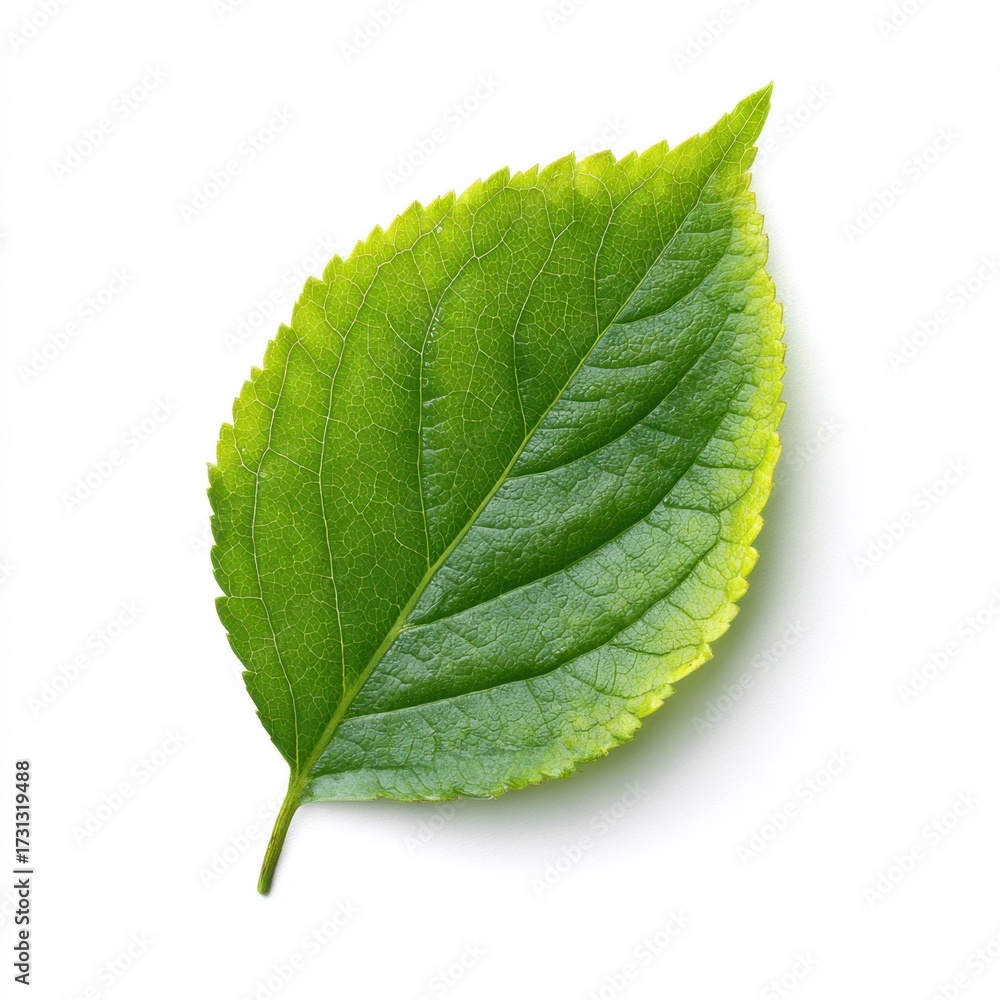 Fototapeta premium A vibrant green leaf displays intricate veins and textures, showcasing the natural beauty of plant life against a clean .